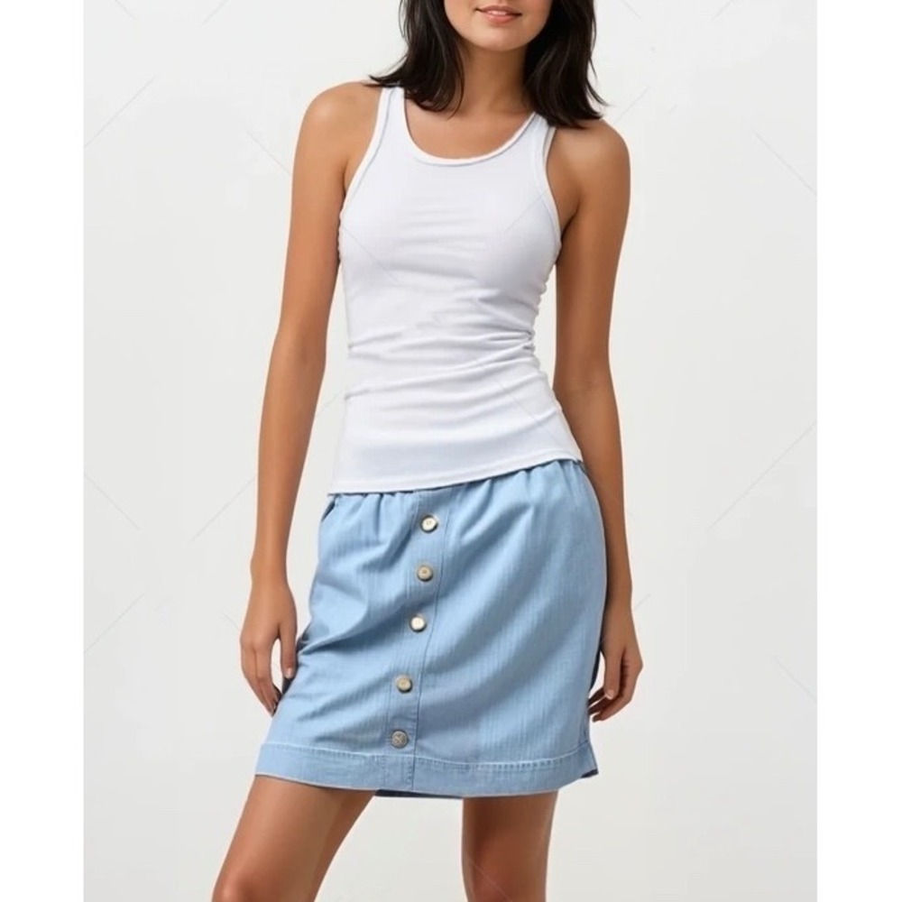 Loft Light Blue Denim Short Skirt Size S Faux Button Down Elastic Waist